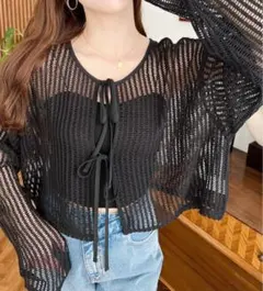 【美品】前後2WAYストライプメッシュショート丈(45cm)リボンカーディガン