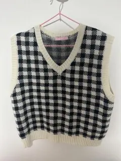 チェック柄 ニットベスト Vネック