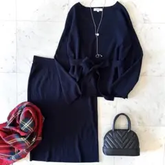 チ*リ様 美品 プラステ ニット スカートセットアップ 洗える ネイビー M リ