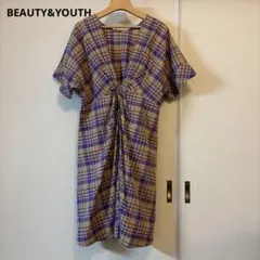 BEAUTY&YOUTH チェック柄 半袖 ワンピース 綿 麻 パープルのサムネイル