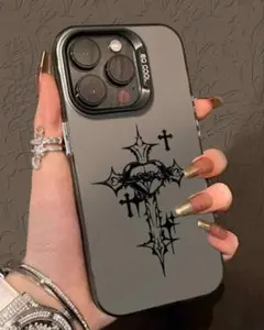 韓国 iPhoneケース ブラック 十字架 ハート ブラックゴールド 光沢