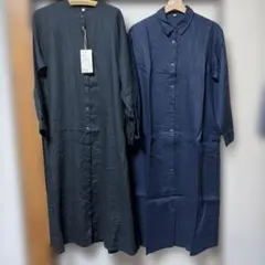 無印良品 リネン 長袖シャツワンピース L 黒 Lネイビー 2枚セット