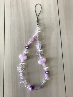 セールNo.15ビーズ ストラップ 韓国 キーホルダー スマホ 紫 ハート 花蝶