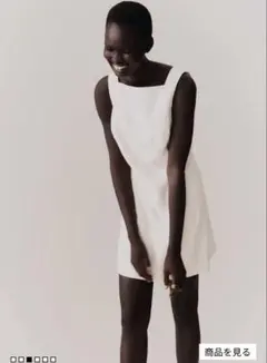 【美品】H&M ブラウンスクエアネックツイルワンピース S ホワイト