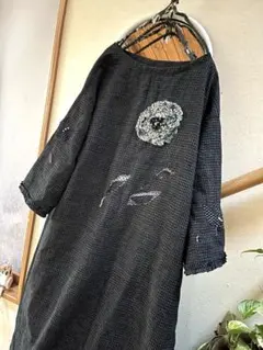 古布リメイク　久留米絣等　ワンピース　チュニック　花のパッチ　ハンドメイド