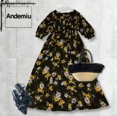 【andemiu】シアー 花柄 ギャザーロングフレアワンピース 黒 総柄 Fのサムネイル