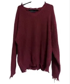 バーガンディ Vネック ダメージニット