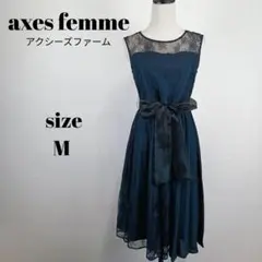 【a1704】axesfemme ノースリーブ ワンピース M レース ネイビー