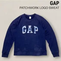 GAP デニムパッチワーク ロゴスウェットトレーナー ネイビー 紺 S ギャップ