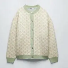 ZARA ニットカーディガン　花柄 ミントグリーン