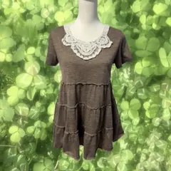 森ガール フェアリーグランジ ブラウン レース付き 半袖チュニック