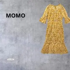 【モモ】 ロングワンピース ベルスリーブ　フリル　華やか　総レース イエロー
