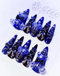 【No.012】ネイルチップ　地雷系量産型サブカルゴシックゴテゴテゴスロリ 青