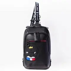 現行 カステルバジャック ボディバッグ ブラック レザー ロゴ刺繍 本革 家紋