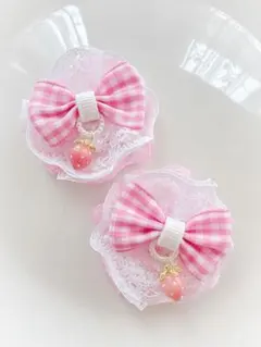 キッズ　ヘアゴム　リボン　リボンゴム　ハンドメイド　レース　いちご　苺　ピンク