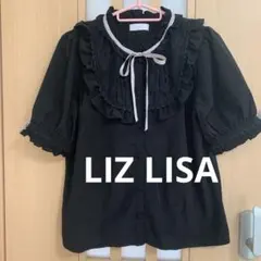 リズリサ レースフリル半袖ブラウス 黒 リボン付き