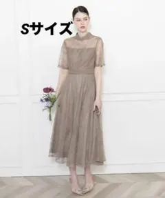 LEJA】ハイネック花柄レースウエストマーク透けロングドレスワンピース