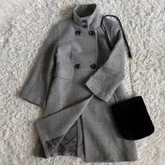 【アダムエロペ】スタンドカラー　ダブルボタンウールコート　グレー　36