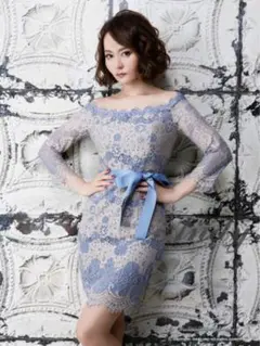 Andyアンディー レースドレス ブルー×ベージュ Sサイズ／七分袖／美品