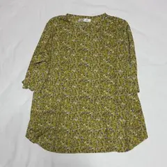 小花柄 七分袖 カットソー M イエロー マスタード 花柄 ストレッチ 薄手のサムネイル