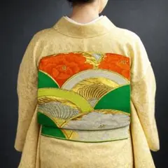 【D4-11】袋帯 単品 六通 ゴールド 緑 オレンジ 412cm 振袖にも◎