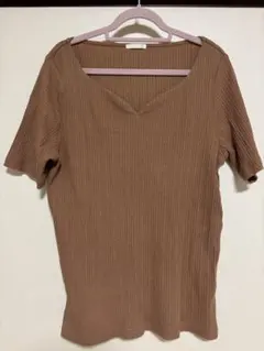 ブラウンリブ編みVネックTシャツ XL