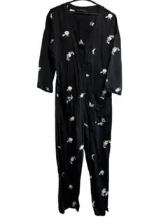 【春物】ZARA WOMAN 刺繍入り七分袖ブラックオールインワン