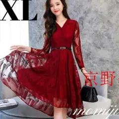冬 ワンピース レディース 韓国 ロング 花柄 レース 結婚式 赤 ボルドー{