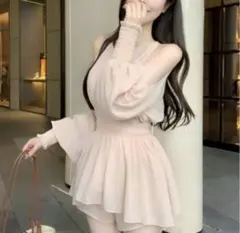 【結婚式・二次会】オープンショルダーウエストギャザーミニドレス