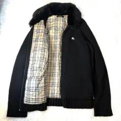 BURBERRY BLACK LABEL厚手ニットファー付 ノバチェック 黒 2