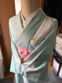 袷　小紋　紬　水色