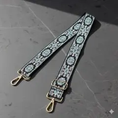 「バッグの着せ替え用」刺繍ストラップ ジャガード織 花柄 青 ショルダーベルト③