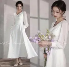 ウェディングドレス 白 長袖 Vネック 11号