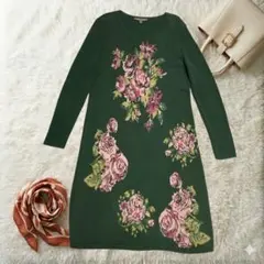 大きいサイズ ローラアシュレイ 花柄 ニットワンピース 13号 LL XL薔薇緑