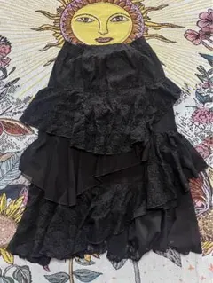 黒　レースティアードロングスカート　古着　ヴィンテージ　モード　ブラック