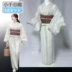 美品　小千谷縮　小紋　3点セット　洗える夏着物と夏帯締めと夏帯揚げのサムネイル