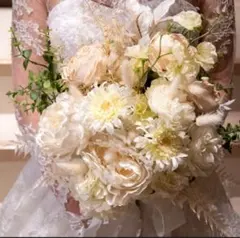 【美品】ウェディングブーケ&ブートニアセット 造花/ホワイト/結婚式/前撮り