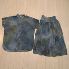 【ムーミンママ様専用】青系プリント スカート セットアップ　ペチコート付き　M
