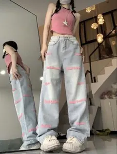 【SHEIN】文字グラフィック ワイドレッグ ジーンズ