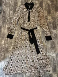 ZARA 幾何学模様 シャツワンピース ベージュ 黒