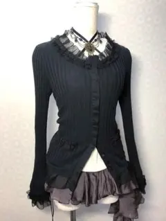リブカーディガン フリル Y2K フェアリーグランジ ダークコア ゴスロリ 黒