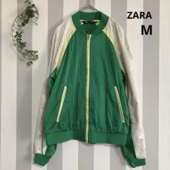 ザラ【M】スカジャン◎グリーン×クリーム色　大人カジュアル◎ナイロンブルゾン