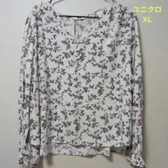 UNIQLO 長袖ブラウス　花柄　XL　白×紫系