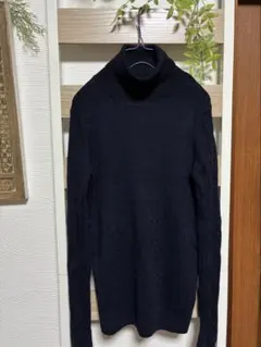 無印良品ネイビー タートルネック ケーブル編み ウール100%　ニット　Lサイズ