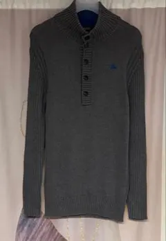 バーバリー ブラックレーベル ホースロゴ刺繍 ショールカラー リブニット グレー