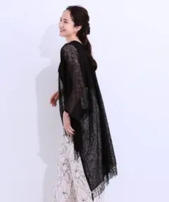 【SHOO・LA・RUE】透かし編み フリンジカーディガン ブラック　ポンチョ