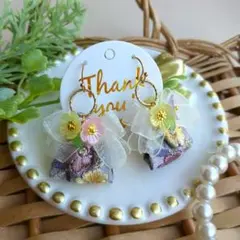 New✦春色*パープルイエロー✽ふんわりリボン♡お花刺繍インドリボンこぶりピアス