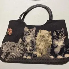 猫刺繍 黒 ハンドバッグ