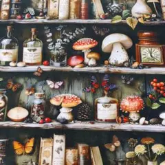 ラスト1点おしゃれなきのこ棚柄の綿シーチングプリント生地ハギレ布