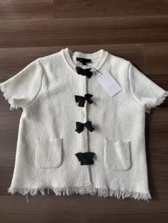 ZARA リボン 半袖ニットカーディガン アイボリー M 新品タグ付き